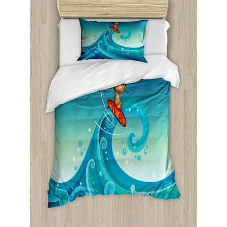 Kids Sports Twin Size Duvet Cover Set Surfing Baby Giant Waves Of