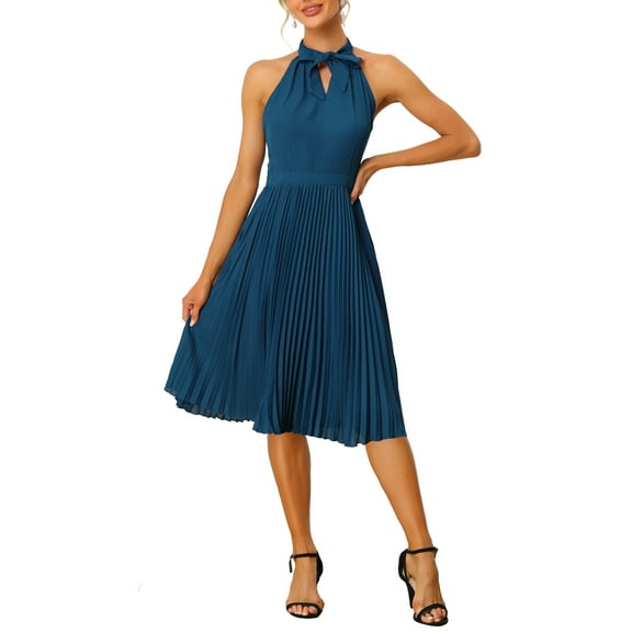 INSPIRE CHIC Women's Pleated Dress Tie Halter Neck Sleeveless Chiffon Wear-to-Work Midi Dresses XS Navy Blue