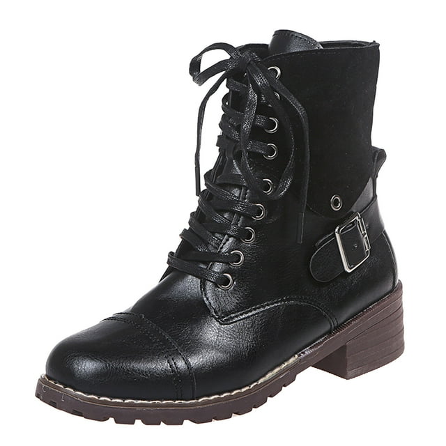 Bottes Mi-Mollet pour Femmes Rétro en Cuir à Boucle, à Lacets, Talon, Chaussures Décontractées pour l'Automne et l'Hiver