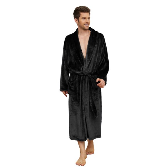 U2SKIIN Peignoir en Molleton pour Homme, Doux et Chaud, Long, en Peluche, Col Châle, Peignoir en Molleton (Noir, G-TG)