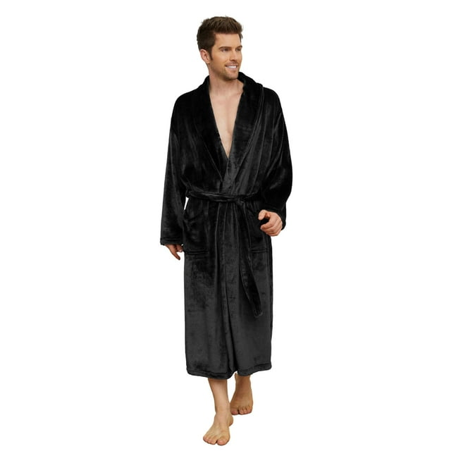 U2SKIIN Mens Fleece Robe, Soft Warm Long Plush Shawl Collar Fleece Bathrobe,(Black,S-M)