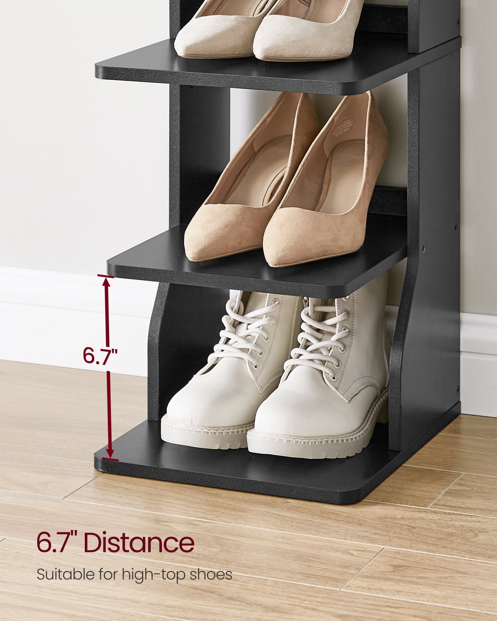 VASAGLE 7 Tier Shoe Rack, Narrow Shoe Storage Organizer with Hooks, Slim Wooden Corner Shoe Tower Rack, Robust and Durable, Space Saving, Black