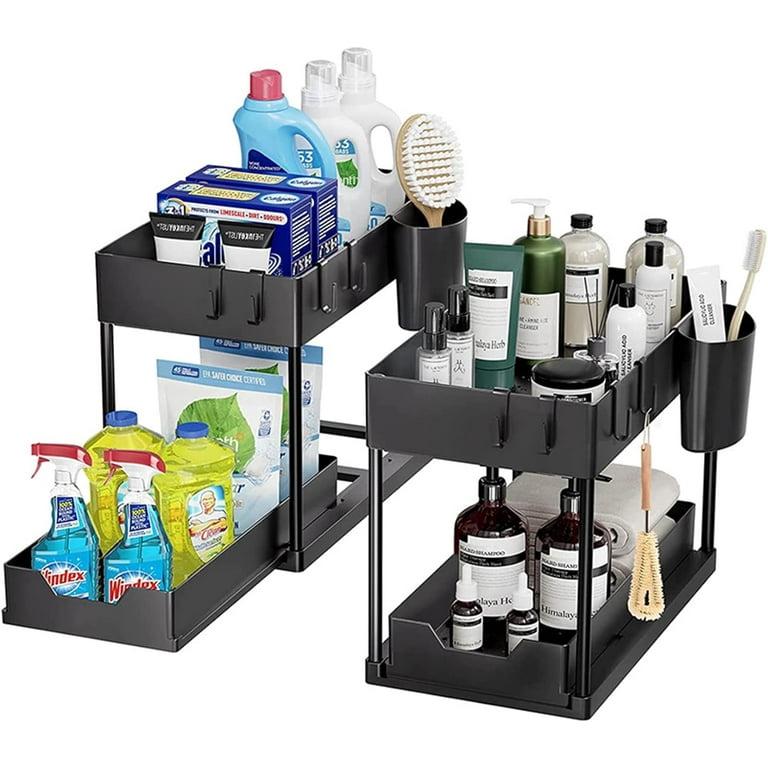 3 Pack Under Sink Organizers and Storage, 2-Tier Sliding Cabinet Basket  Organizer with Hooks, Multi-Purpose Pull Out Under Sink Organizers and  Storage for Bathroom Cleaning Supplies Kitchen