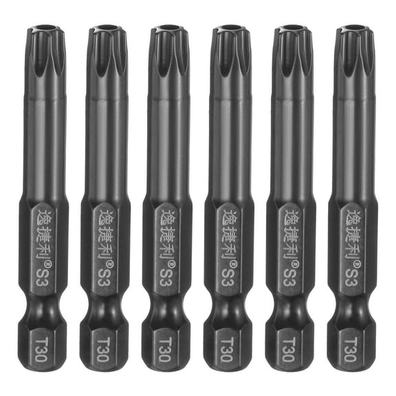 Uxcell 6pcs T30 Torx Screwdriver Bit 1/4" Hex Shank 50mm/2" Length S3 Steel Magnetic Tamper Proof Star 6 Point Head Hex Screw Driver Bits, Black