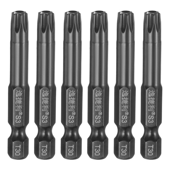 Uxcell 6pcs Punta de destornillador Torx T30 1/4" Hex Shank 50mm/2" Longitud Acero S3 Magnético a Prueba de Manipulación Cabeza Estrella de 6 Puntos Punta de Destornillador Hex, Negro
