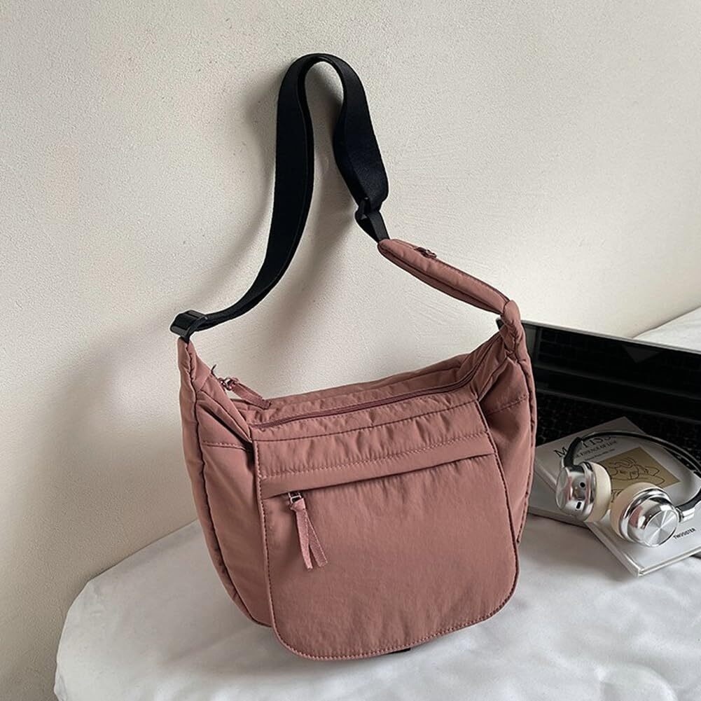 LKJYER Slouchy Nylon Bags for Women 2025 Crescent Crossbody Bag Hobo Shoulder Purse Work Travel Tote Handbag Everyday Purses