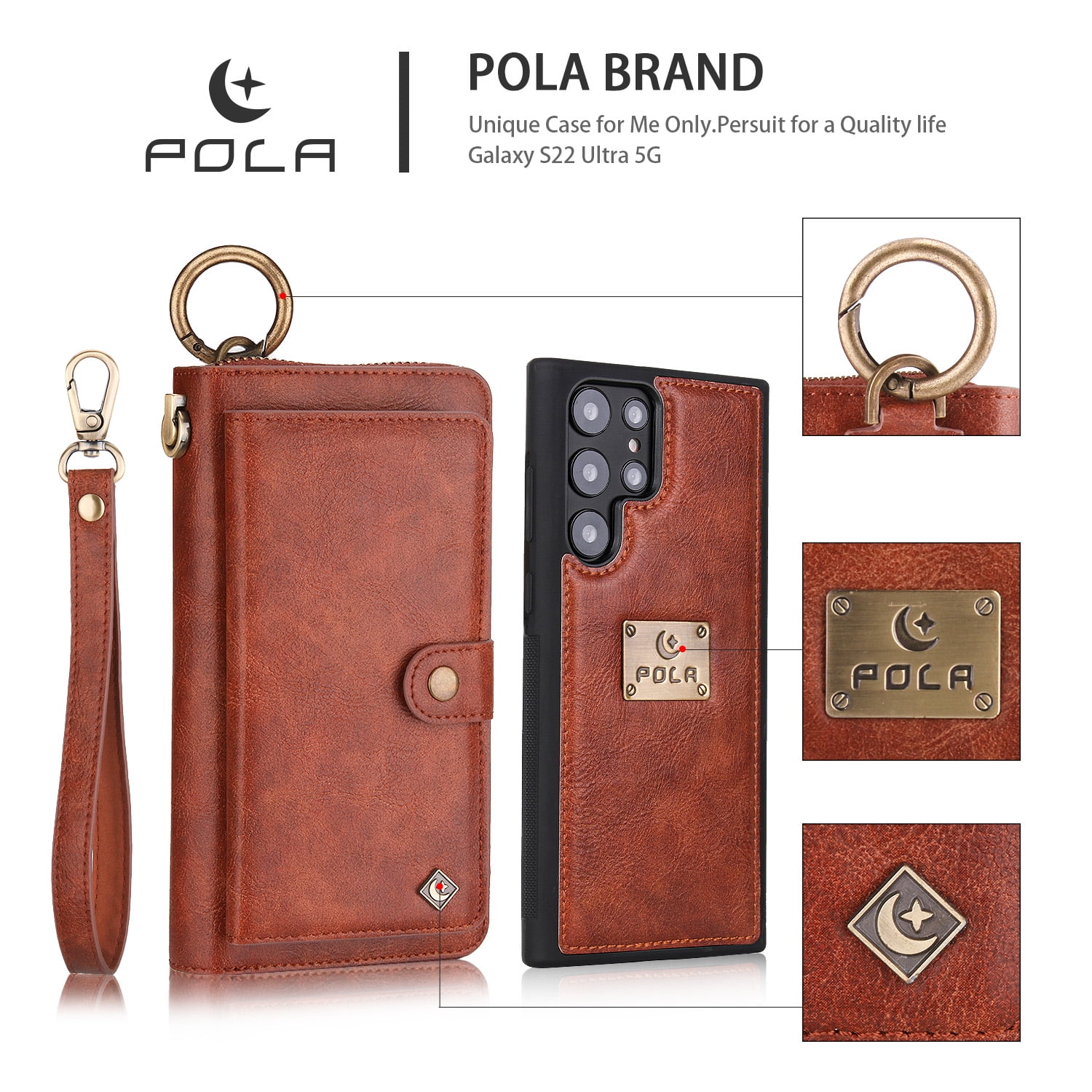 Samsung Galaxy S22 Ultra Leather Flip Case Cover, Galaxy S22 Ultra Zipper Wallet Case for Women and Men, Dteck 14 Card Holder Zipper Pocket Magnetic Detachable Wallet Folio Case Leather Pouch,Brown