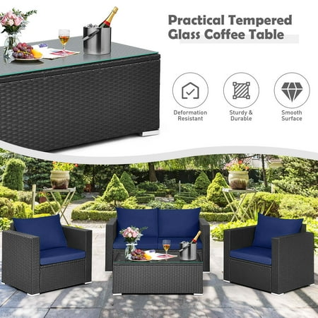 Costway 4 PCS Patio Rattan Furniture Set Cushioned Sofa Chair Coffee Table - Black,Blue