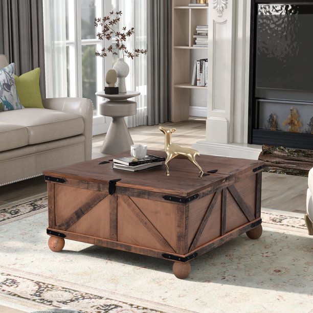 Aldwin Farmhouse Square Coffee Table with Lift Top for Storage, Brown