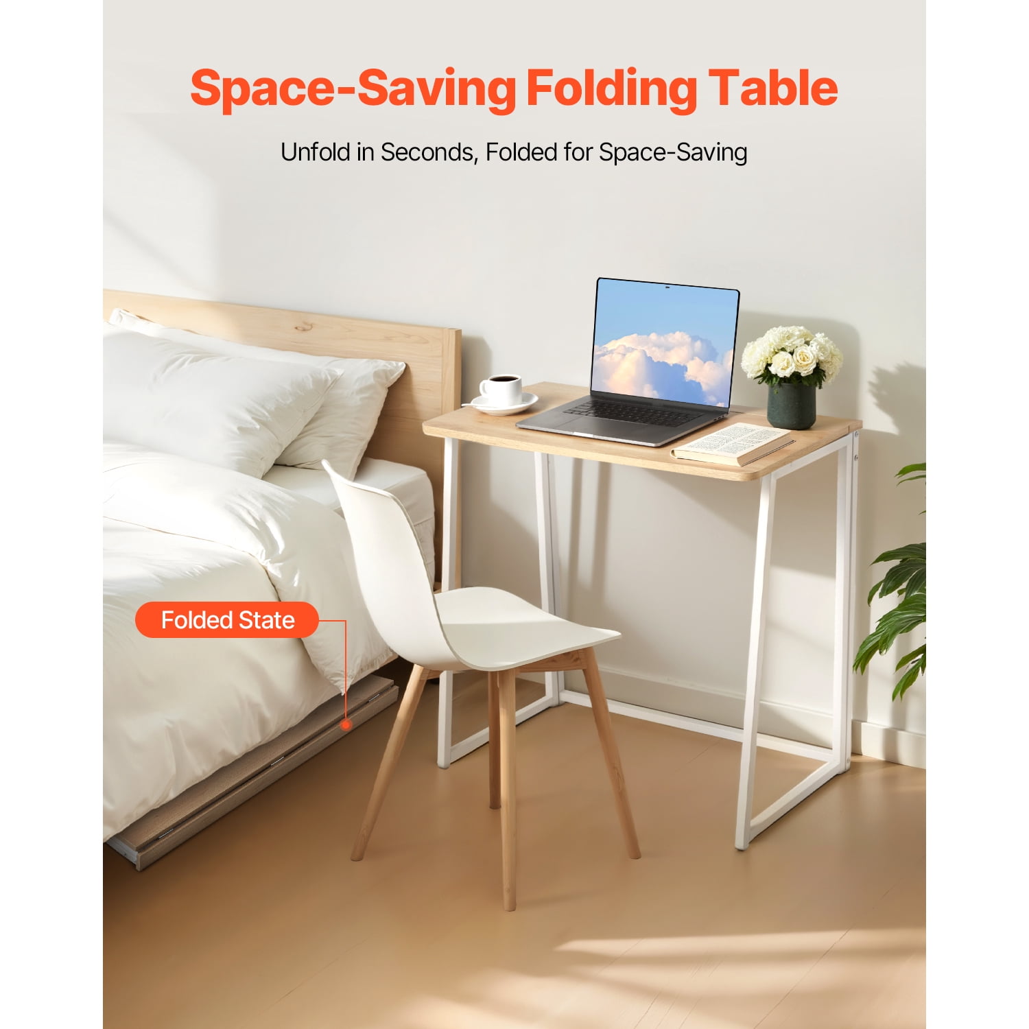 KFFKFF Foldalbe Desk, 31.5" Small Desk with Storage Hooks, Space-Saving Computer Desk for Home Office, Simple Assembly, Oak Finish