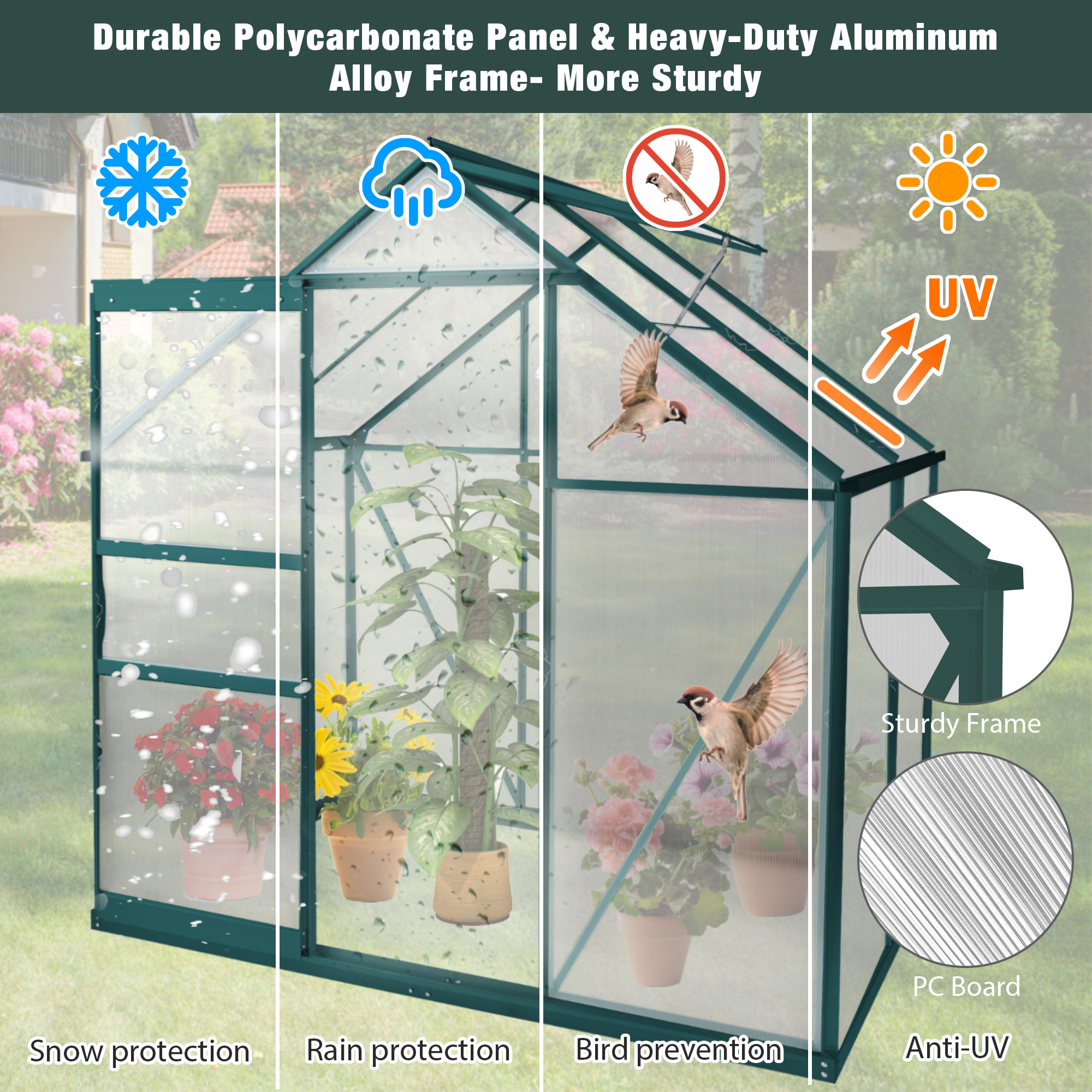 6'X 4' Walk-In Greenhouse with Roof Vent and Rain Gutter for Outside,Polycarbonate Aluminum Heavy Duty Greenhouse for Flowers, Vegetables, Plants Backyard Garden - image 5 of 7