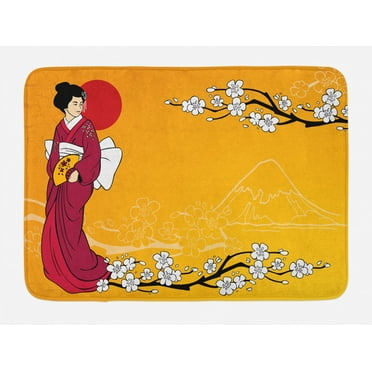 Cherry Blossom Bath Mat, Geisha Woman and Sakura Trees in the Foothills of Hill, Plush Bathroom Decor Mat with Non Slip Backing, 29.5" X 17.5", Earth Yellow Maroon, by Ambesonne