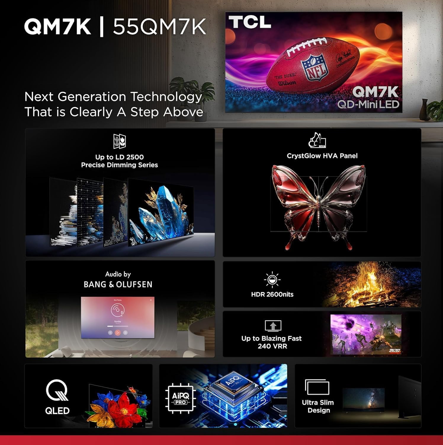 TCL 65-Inch QM7K QD Mini LED Smart Google TV - Dolby Vision , Dolby Atmos, HDR, Game Accelerator 288 Hz, Alexa Compatible w/ 12 Month CPS Protection, AUX HDMI Cable, Streaming Bundle