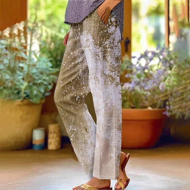 Lydiaunistar Womens Plus Size Printed Rolled Hem Casual Long Pants with Pockets, Elastic Waist Straight Leg Polyester Trousers for Daily Outdoor Party - Spring Summer L/XL/XXL/XXXL/4XL Yellow