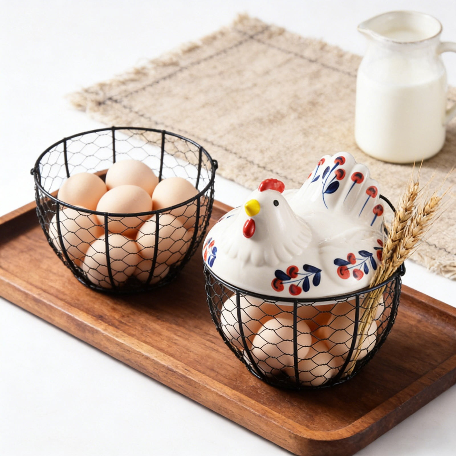 Farmhouse Egg Basket with Ceramic Lid, Black Wire Egg Holder for Fresh Eggs, Decorative Chicken Design Egg Storage Container, Kitchen Countertop Organizer Case for Eggs