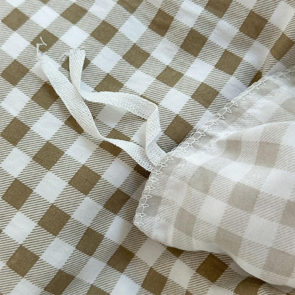 Tan Gingham Ruffle Duvet Cover Queen Size, 3 Pieces Taupe Soft Pre-Washed Microfiber Checked Plaid Comforter Cover Set, Vintage Farmhouse Bedding Set(Tan Gingham, Queen 90"x90")