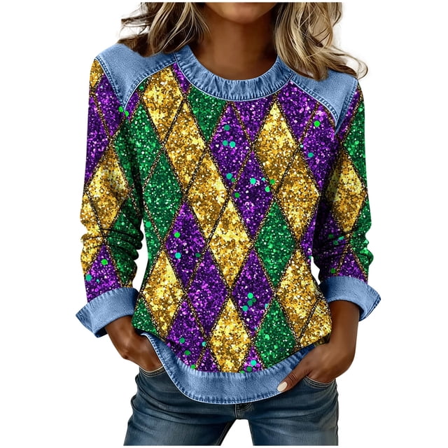 Camisetas de Manga Larga para Mujeres Blusa de Cuello Redondo Impresa de Carnaval de Ajuste Suelto con Poliéster Suave, Tops de Moda Casual para Uso Diario en Casa O Trabajo