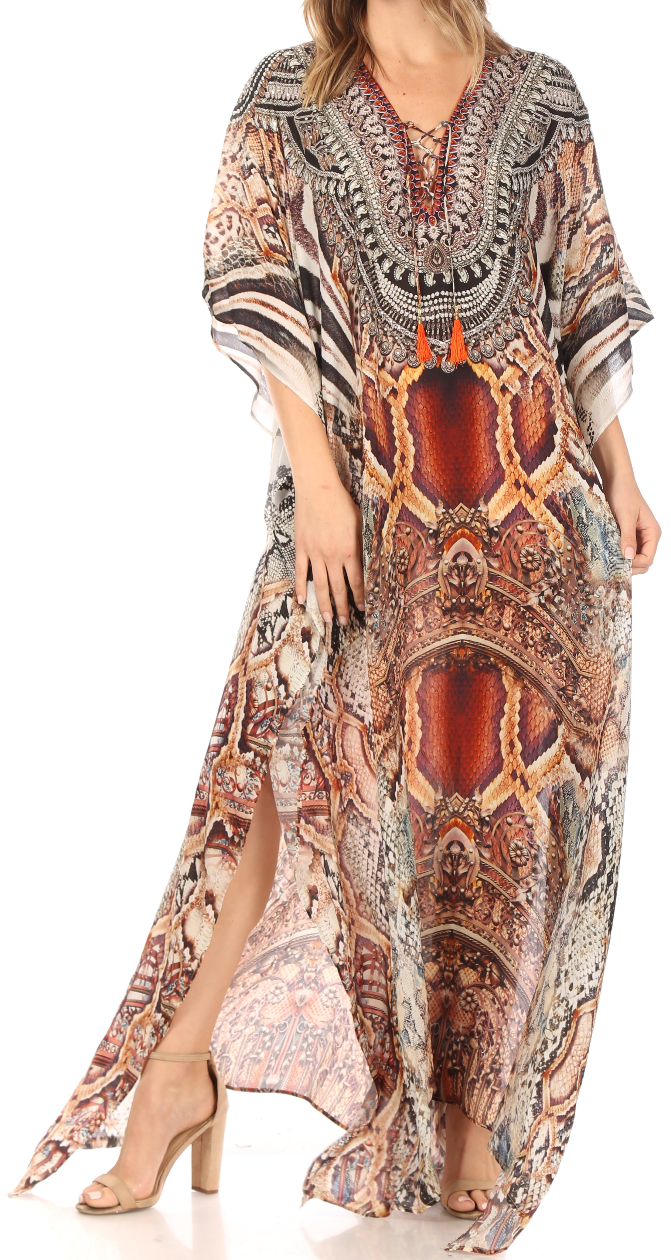 Sakkas Zeni Women/'s Short Sleeve V-Neck Summer Floral Print Caftan Dress Cover-up