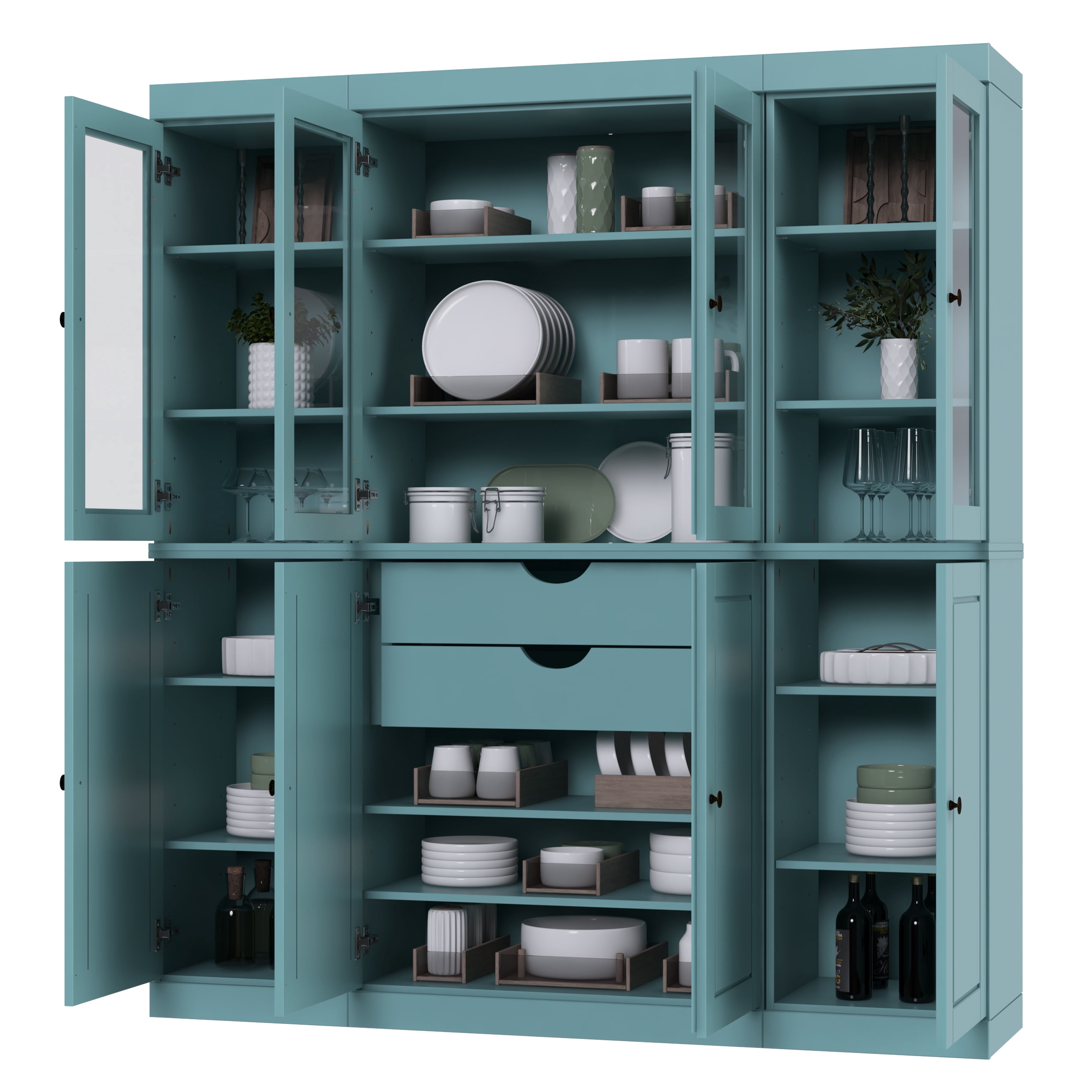Palace Imports 100% Solid Wood Kitchen Pantry Storage Cabinet with Solid, Clear Glass Doors, Adjustable Shelves and 2-Drawers, Aqua Blue