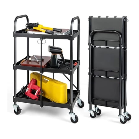 3-Tier Folding Storage Cart on Wheels - Rolling Tool Cart with Handrails, Portable Collapsible Utility Cart for Garage, Warehouse, Kitchen