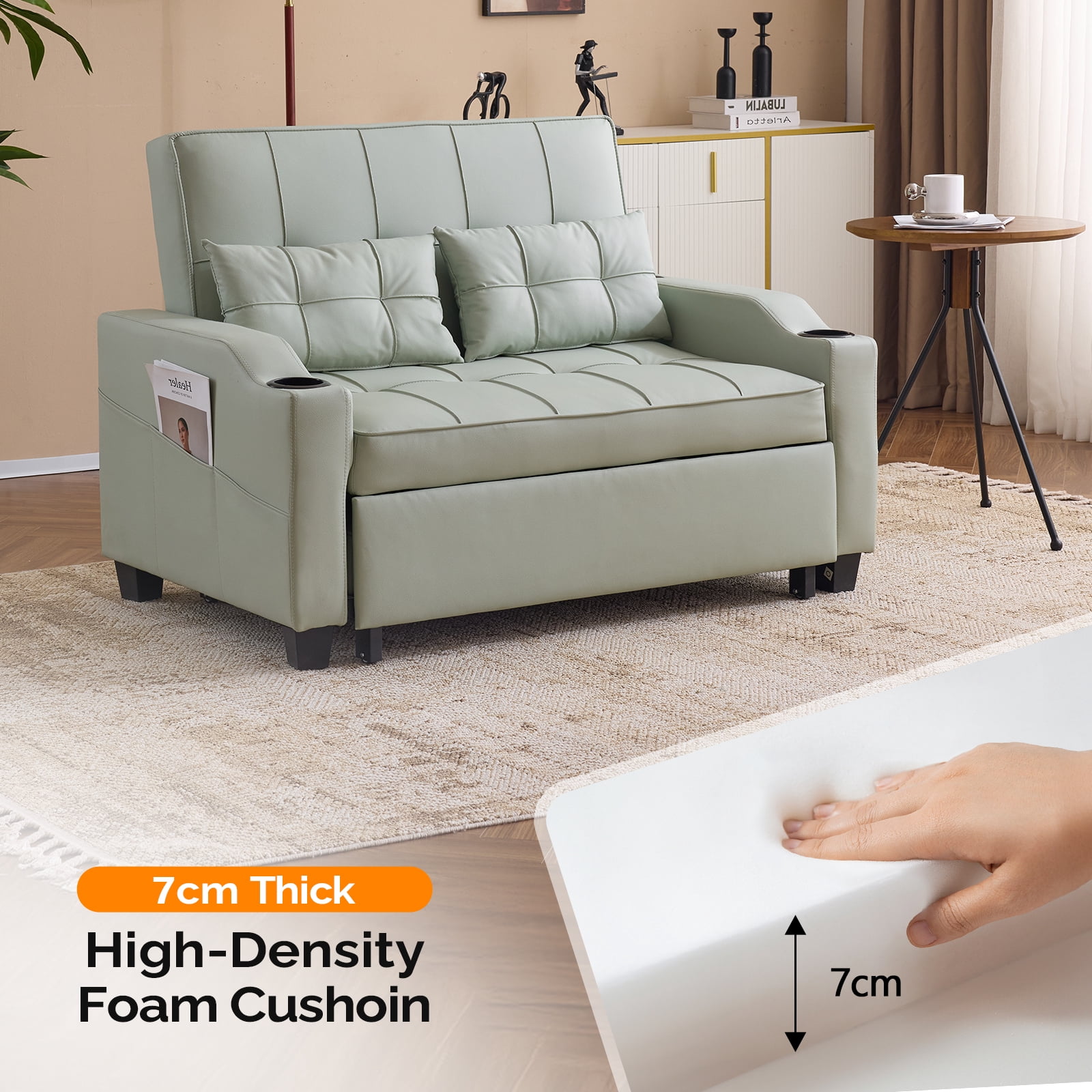 Ktaxon Faux Leather Loveseat Sofa Bed with Side Pockets, Adjustable Backrest Lounge for Living Room, Game Room Green