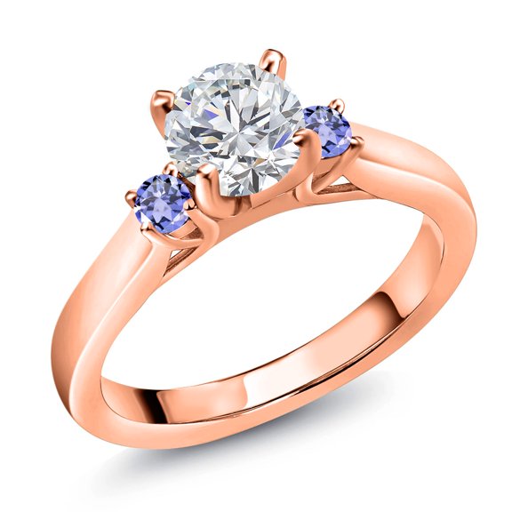 Gem Stone King 18K Rose Gold Plated Silver Lab Grown Diamond and Blue Tanzanite Engagement Ring for Women | 0.90 Cttw | Round 6MM | Gemstone April Birthstone | Size 7