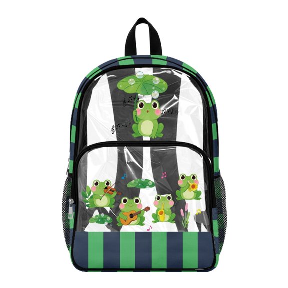 Whosucclay Musical Frog Band 17 Inch Multi-Pocket Transparent Clear Backpack for Boys Girls, Adjustable Straps Large Capacity Bookbag for Elementary Middle School