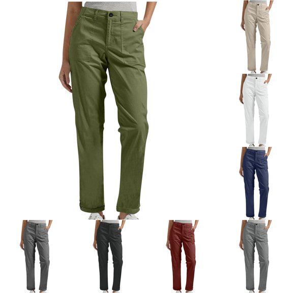 XAOFW Cargo Pants Women Solid Color Straight Leg Trousers High Waist Comfort Fit Work Pants With Side Pockets Trendy Bottom L