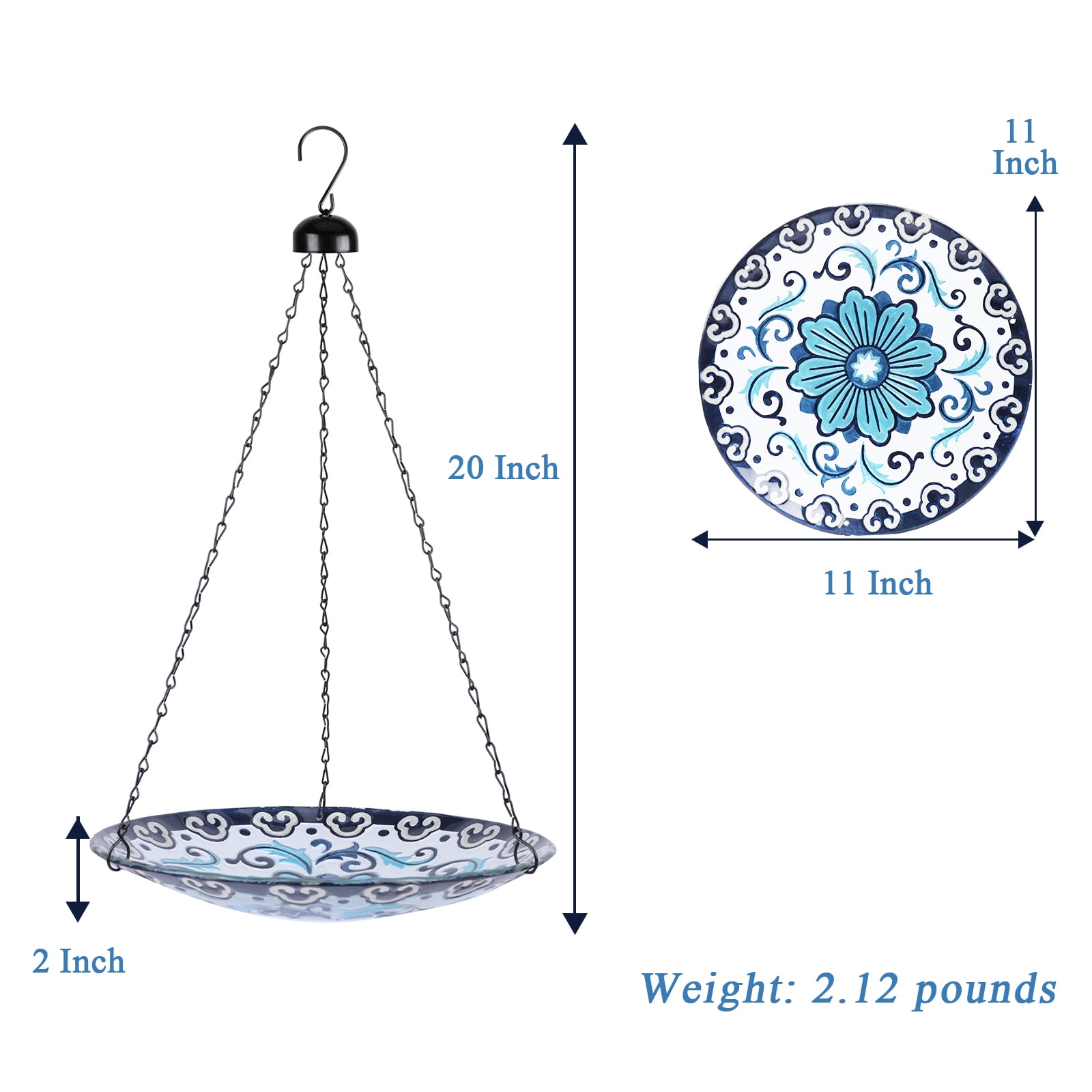 MUMTOP Hanging Glass Bird Bath, Blue and White Porcelain for Garden and Patio Decor