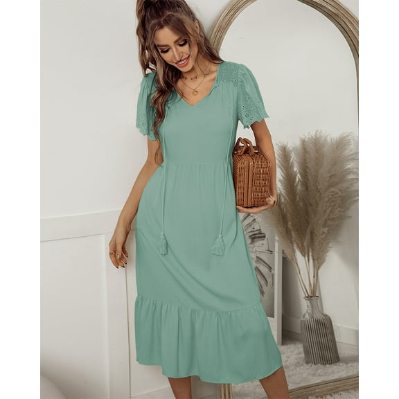 Eyelet Detail Tassel Tie V Neck Ruffle Hem Dress Knee Length