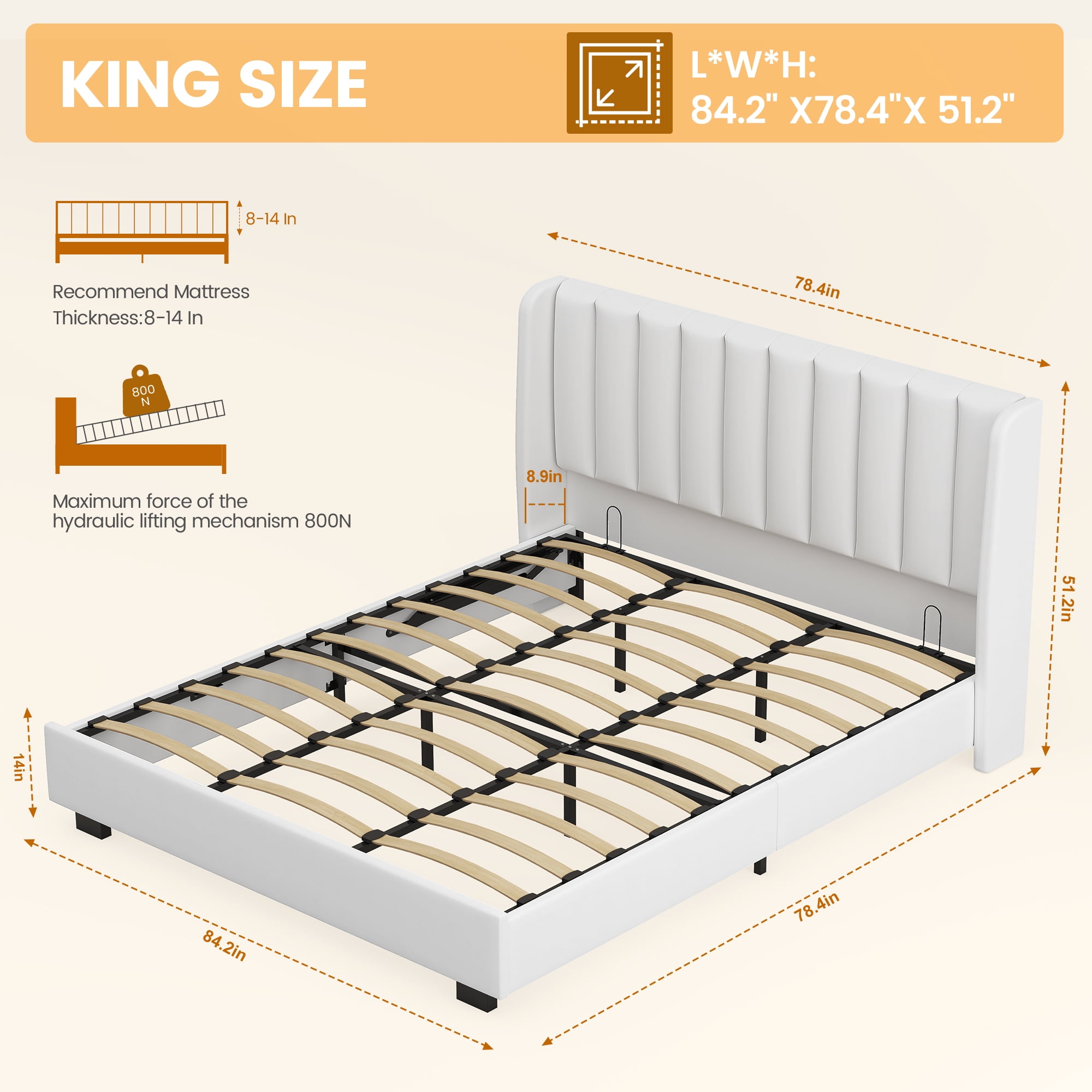 King Size Upholstered Lift Up Storage Bed Frame with 51" Tall Velvet Headboard, Wingback Platform Bed, Hydraulic Storage Base, No Box Spring Required, Noise-Free Double Low Profile Bed (King, White)