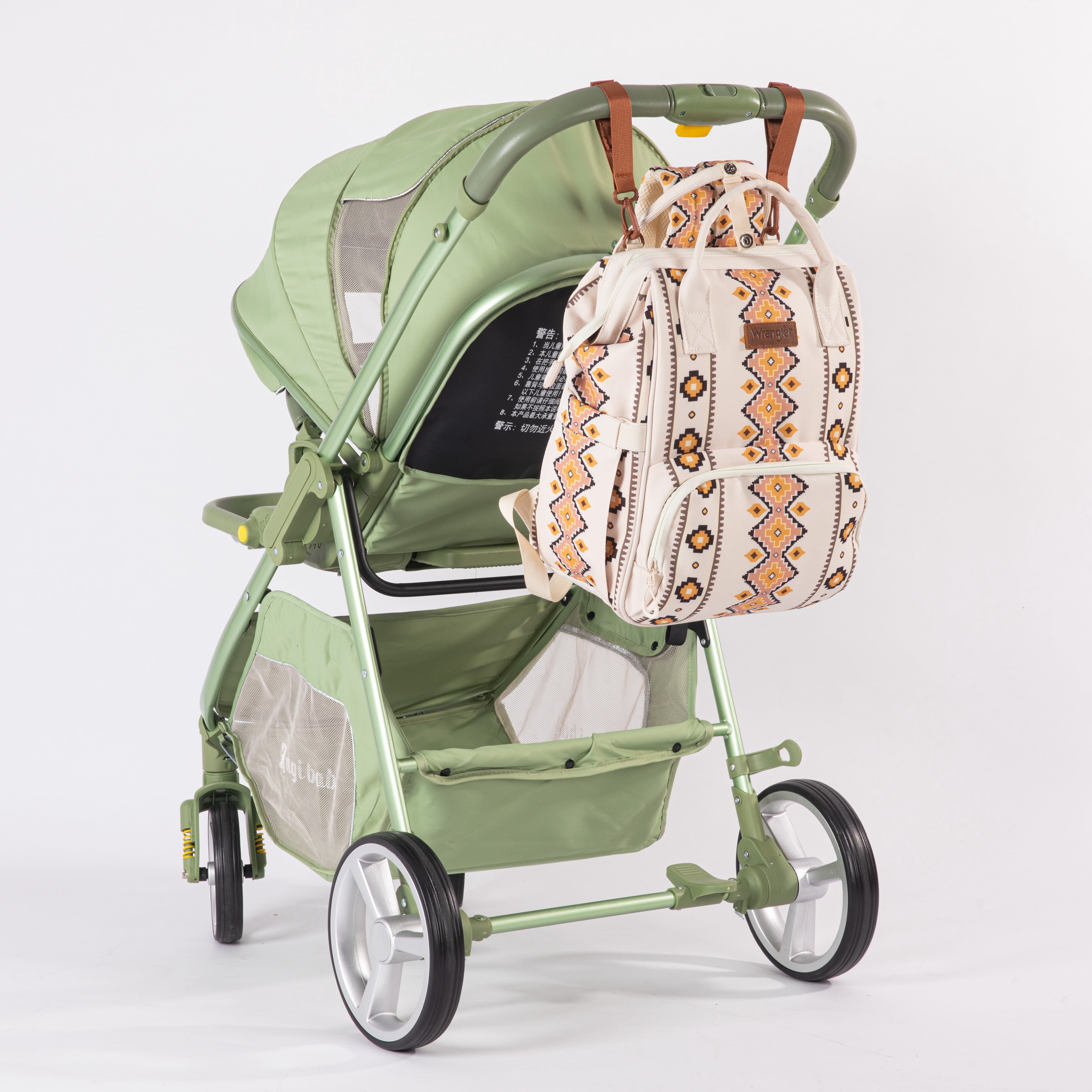 Wrangler Aztec Travel Backpack Baby Bag for Women with Stroller Strap and Side Bottle Pockets Organized Diaper Bag, Tan