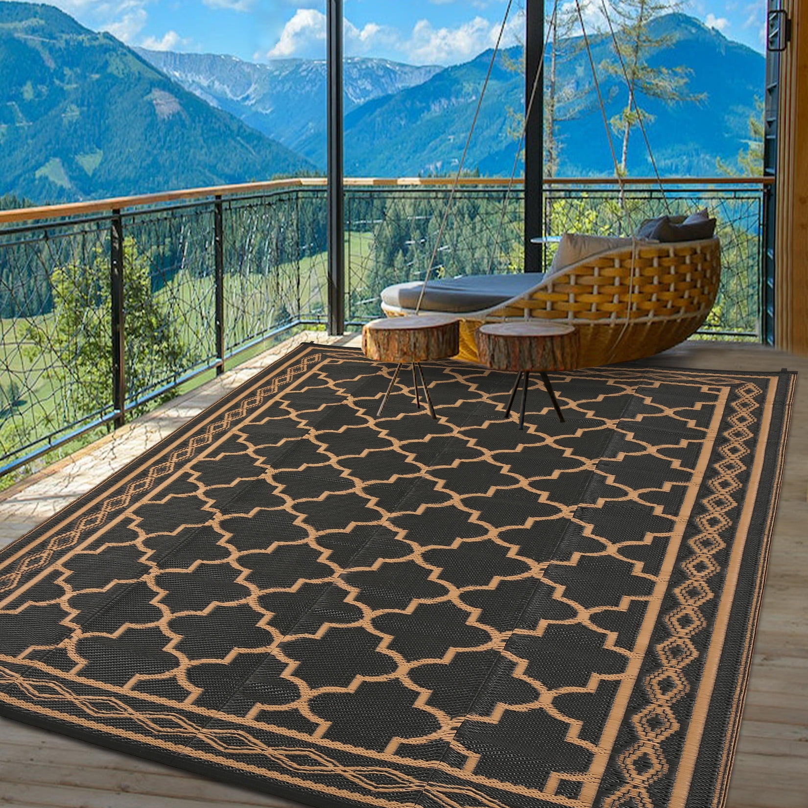 Garvee Outdoor Rug 8x10ft Waterproof for Patios, Reversible Plastic Straw Rug Camping Carpet Mats for RV, Picnic, Backyard, Deck, Balcony, Porch, Beach, Black & Brown