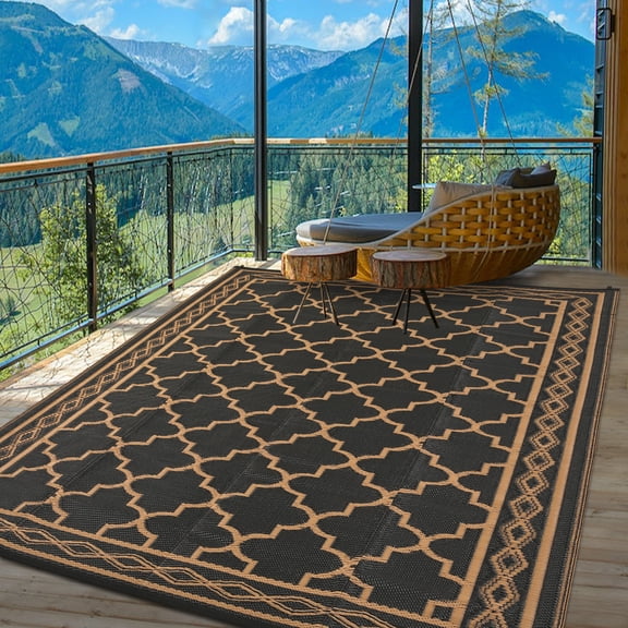 Outdoor Rug Waterproof Reversible 9x12 FT Plastic Straw Mat Collapsible Area Carpet for Patio RV Deck Balcony Camping Picnic Beach – Black Brown