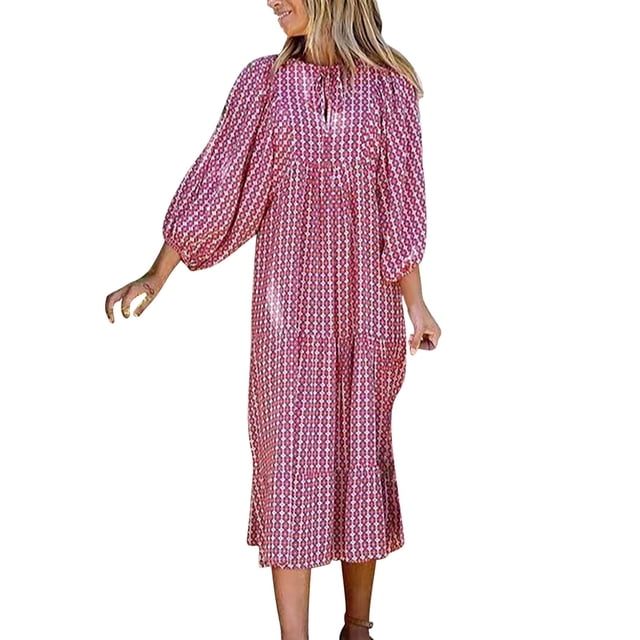 Gibobby Vestido de verano casual para mujer Vestido de manga de burbuja con estampado geométrico Calle Ropa de mujer de tamaño(Rojo,M)