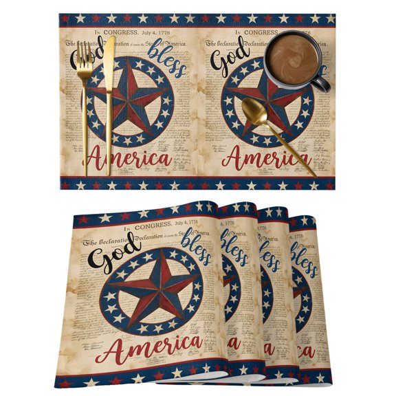 Independence Day American Star Placemats Set of 1, Retro 4th of July Newspaper Red Blue Star Non-Slip Place Mats Washable Table Mats for Kitchen Dining Table Decorations Indoor/Outdoor