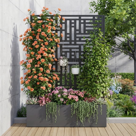 Advwin Metal Planter Box With Trellis Privacy Screen,46.65 " L×12.01" W×70.87" H Raised Garden Bed with Trellis,Drainage Holes