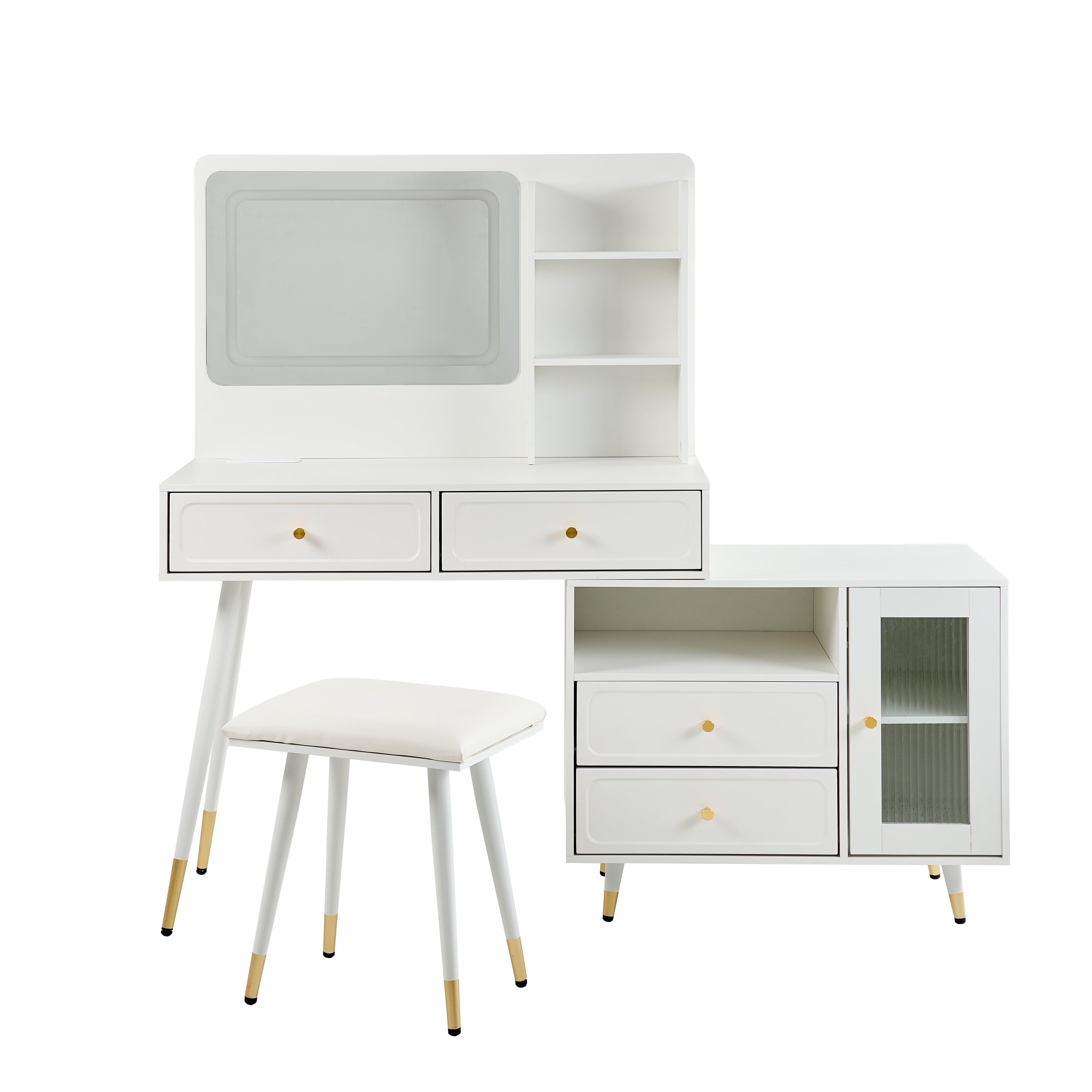 Yoneston Vanity Set with LED Lighted Mirror, 4 Storage Drawers, Movable Cabinet & Upholstered Stool, Makeup Table Set with Charging Station for Bedroom, White