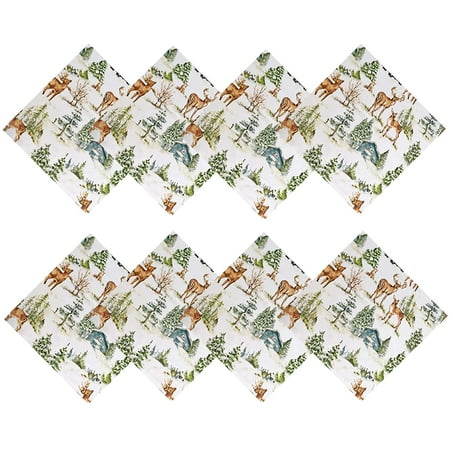 

Newbridge Rustic Cabin and Lodge Evergreen Dreams Fabric Christmas Napkins - Deer Cabin and Farm Truck Winter Holiday Easy Care Stain Resistant Napkins Set of 8 Border Napkins