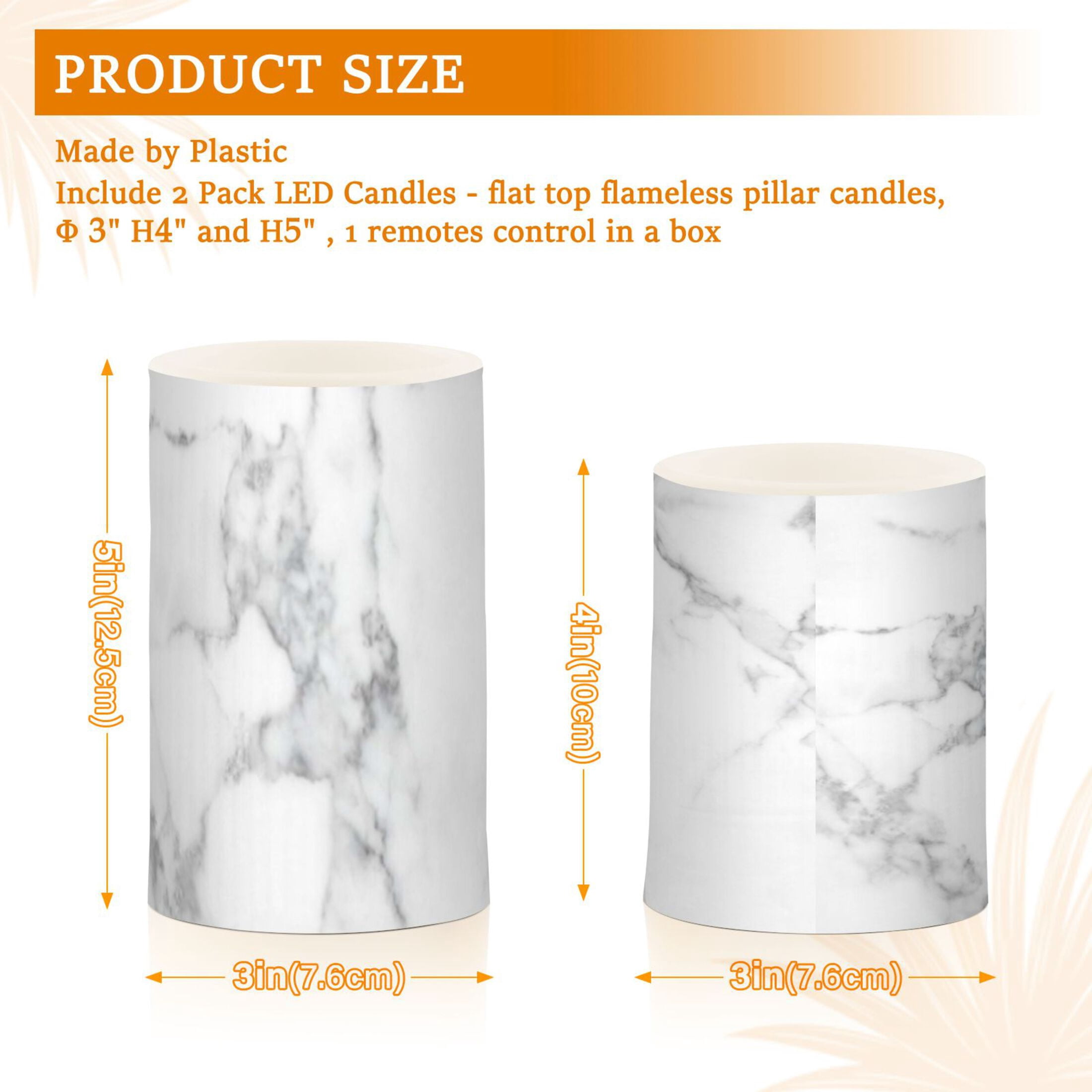 White Marble Texture Flickering Flameless Candles Battery Operated with Remote Timer LED Pillar Candles Set of 2