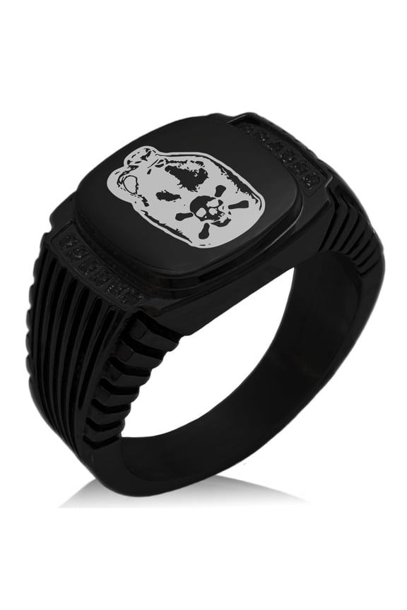 Stainless Steel Pirate Skull Crossbones Rum CZ Ribbed Needle Stripe Pattern Biker Style Polished Ring