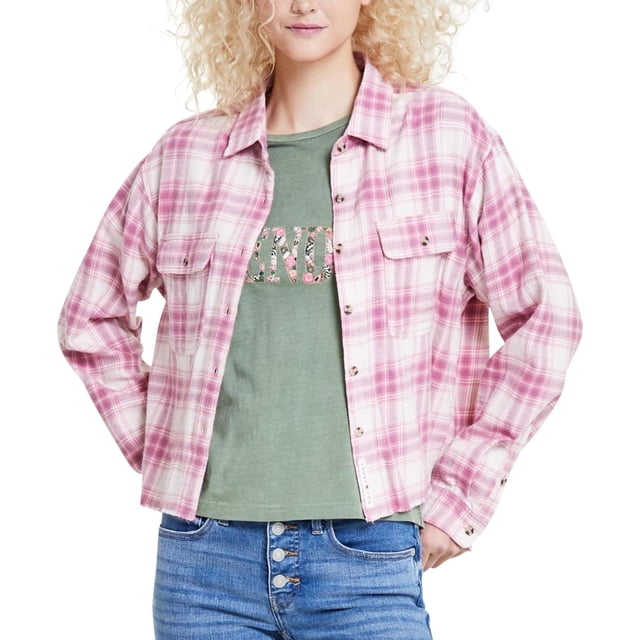 Lucky Brand Womens Cotton Plaid Fringe Button Up Shirt, brghtpink, M