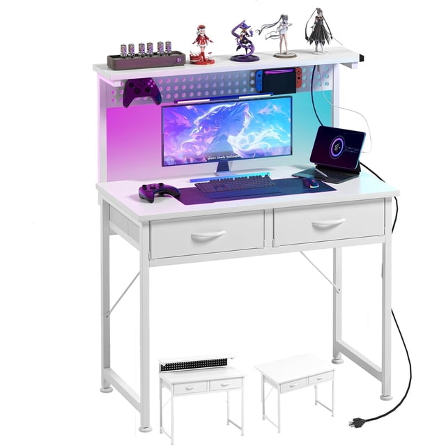 Small Desk with Pegboard & Drawers Gaming Desk with Adjustable LED Light Home Office Desks for Small Bedroom Adjustable Monitor Rise Stand and Charging Station Fabric Drawers