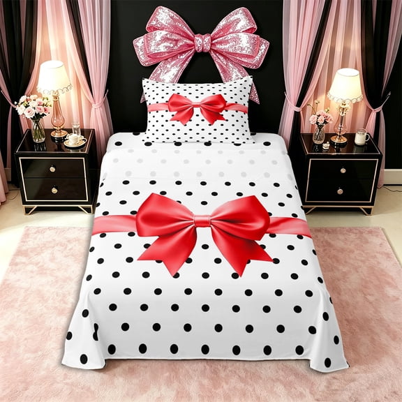 Erosebridal Girls Red Ribbon Bow Twin Sheet Sets 3pcs,Kids Teens Black Vintage Polka Dots Bedding,Ultra Soft Home Decor
