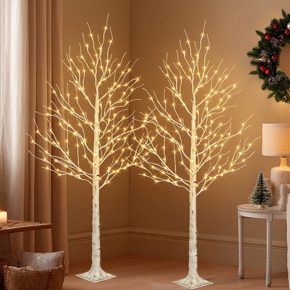 EAMBRITE Lighted Birch Tree, 6ft White Christmas Trees with Timer & Dimmer Prelit Artificial Tree with 128 Warm White LED Lights for Decorations Outdoor Indoor Home Porch Bedroom Decor 2 Pack