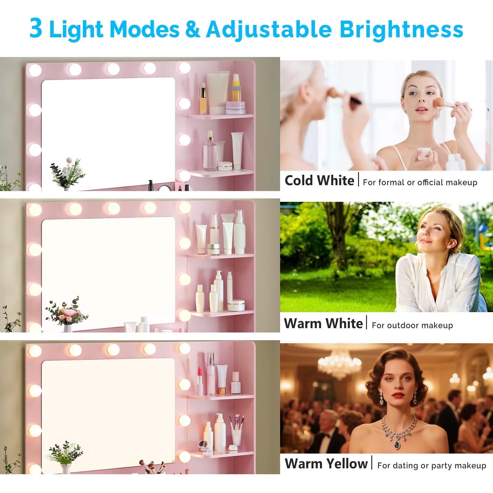 Ktaxon Makeup Vanity Set with 3 Color Lighted Mirror & Charging Station, Dressing Table w/ 7 Drawers for Femal Gift, Pink