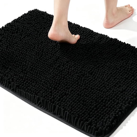 MudFree Bathroom Rugs 31x20 inch, Super Absorbent Chenille Bath Mat for Tub Non Slip, Quick Dry Washable Door Mat for Floor, Tub and Shower, Black