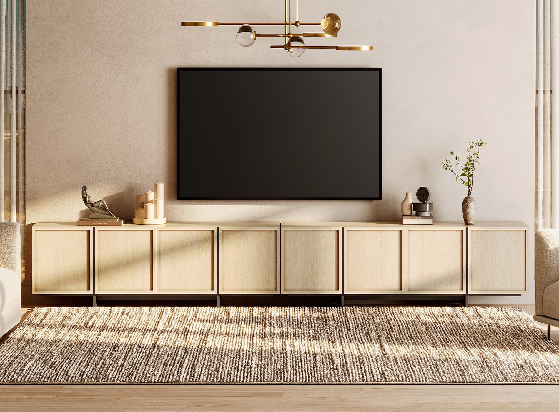 WAMPAT Modern TV Stand - Media Console Table for 32-110 inch TVs, Wood Entertainment Center with Storage Cabinets for Living Room，Beige