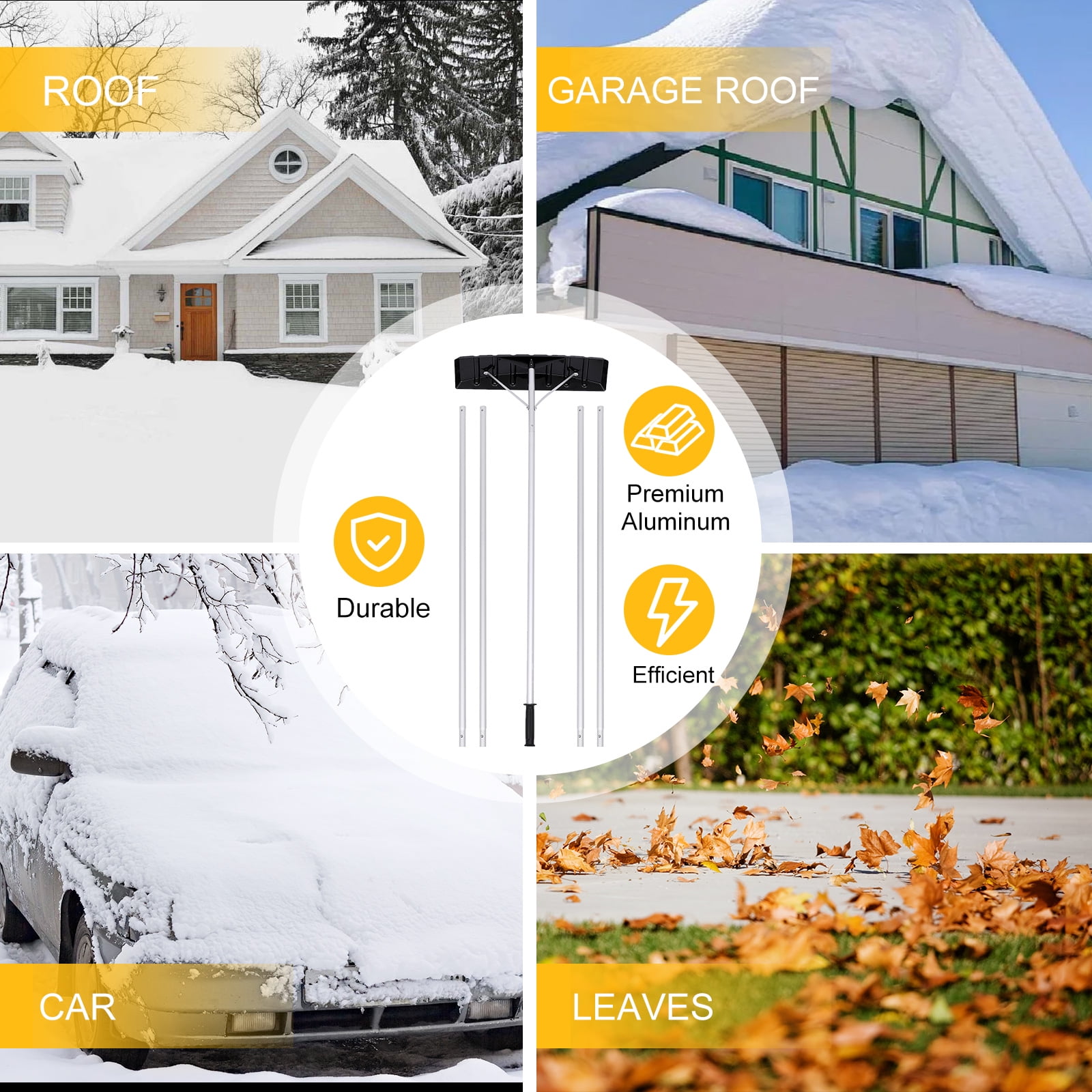 SUGIFT 20ft Snow Roof Rake 25" Plastic Blade Snow Removal Tool for House Roof, , Wet Leaves, Car Snow