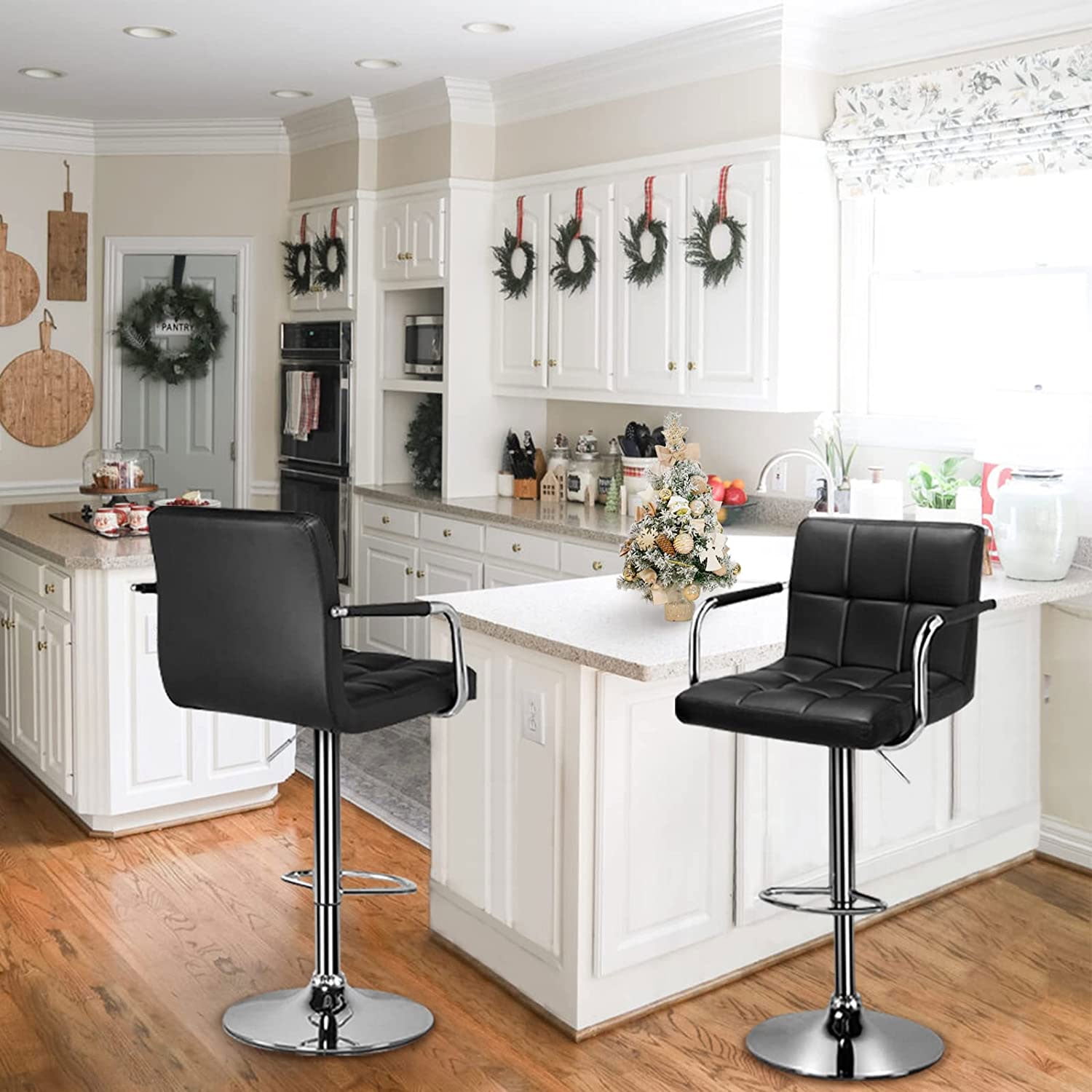 Soontrans Bar Stools Set of 2 Swivel Counter Height Stools with Arms and Back, Adjustable Island Chairs for Kitchen, Modern Barstools with Backrest and Armrest(Black, 2Pcs)